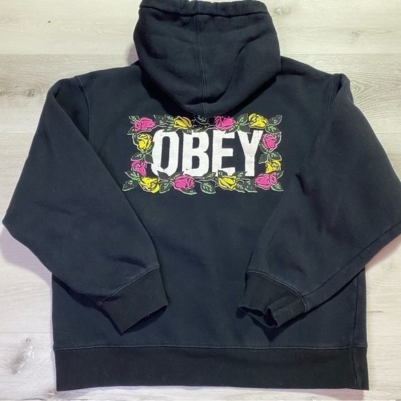 Obey Black Floral Front and Back Graphic Hoodie, Size Medium - Picture 2 of 8